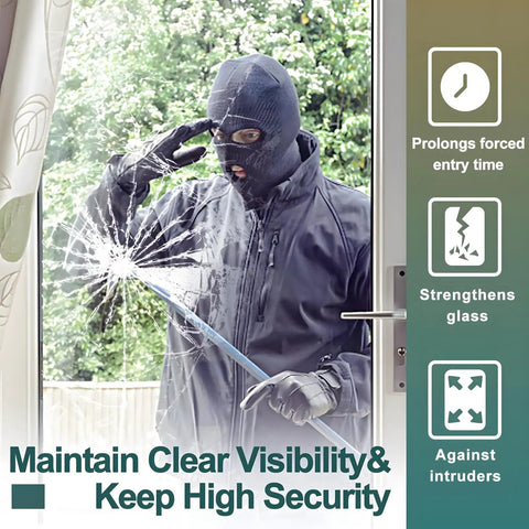 Masked intruder outside window with 4 Mil Clear Security Window Film For Home And Office - Shatterproof Glass Protection That Deters Break-Ins