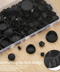Round Black Plastic Hole Plugs Kit, 180 Pcs Self-Locking Panel Knockout Plugs for Kitchen Cabinets, close-up view of plugs in box