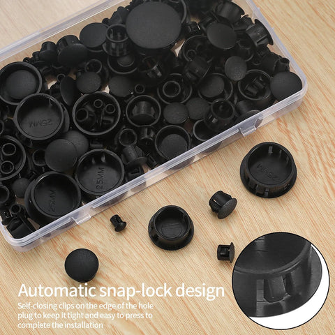 Round Black Plastic Hole Plugs Kit, 180 Pcs Self-Locking Panel Knockout Plugs for Kitchen Cabinets, close-up view of plugs in box