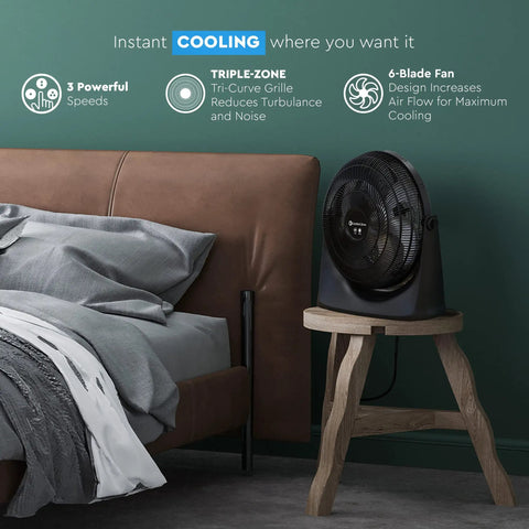 20 Inch High Velocity Floor Fan With Wall Mount And 180 Degree Tilt next to bed on wooden stand in modern bedroom