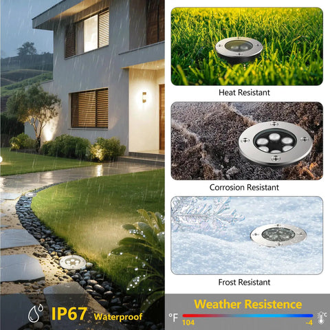 Landscape Lighting Well Lights Kit 6W 12V 24V Ground Lights 6000K Bright White IP67 Waterproof showcased in various weather conditions.