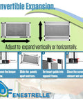 Expandable Window Screen Pack of 2 for Double Hung Windows with Flame Resistant Fiberglass Mesh, instruction steps shown.