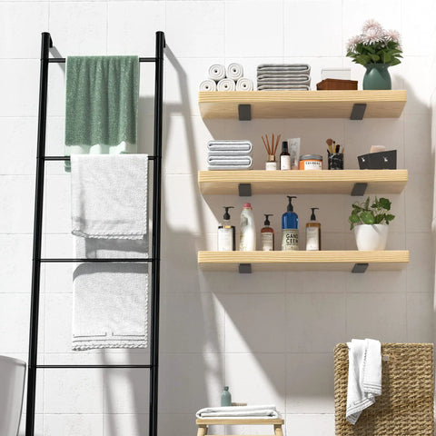 Bathroom with Heavy Duty 6 Pack Floating Shelf Brackets 10 Inch Hidden L Brackets for DIY Rustic Industrial Shelves holding items