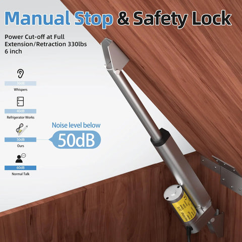 Beast Mode Heavy Duty 12V Linear Actuator installed in wood cabinet, 330 lb load, 6 inch stroke, safety lock visible