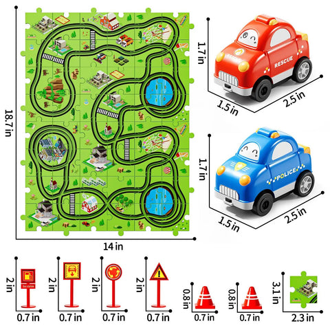 Awesome 48 Piece Puzzle Race Track Car Set For Kids Ages 3 4 5 6 7 8 With City Themed Tracks 6 Road Signs And 2 Cars AA Battery Required