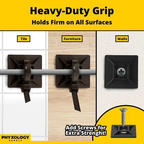 Adhesive-Backed Cable Tie Mounts 100 Pack, UV Black 1.1 x 1.1 Inch Bases with screw-hole anchors on tile, furniture, and walls.