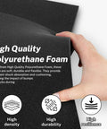 Cuttable Black Polyurethane Foam Sheets, 4 Pack, 16 x 12 x 0.5 Inch Padding shown with hand, highlighting high density.
