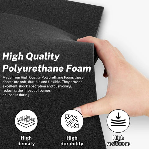 Cuttable Black Polyurethane Foam Sheets, 4 Pack, 16 x 12 x 0.5 Inch Padding shown with hand, highlighting high density.