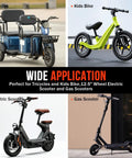 Four images of vehicles: tricycle, kids bike, electric scooter, and gas scooter showcasing wide application with inner tubes.