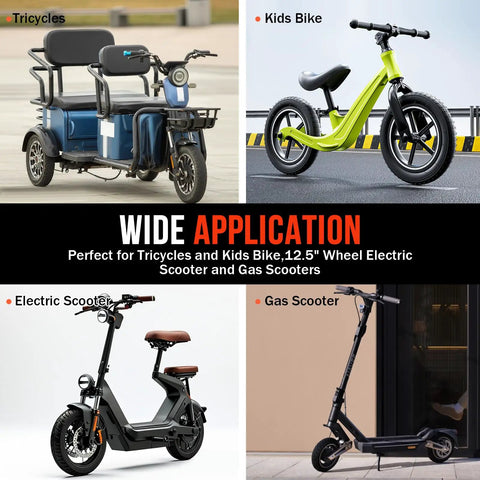 Four images of vehicles: tricycle, kids bike, electric scooter, and gas scooter showcasing wide application with inner tubes.
