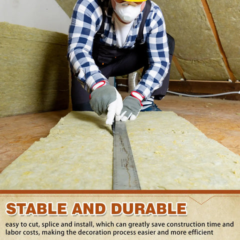 Person cutting Heavy Duty Mineral Wool Insulation Boards 24 By 24 Inch Acoustic Dampening Panels for Walls and Ceilings.