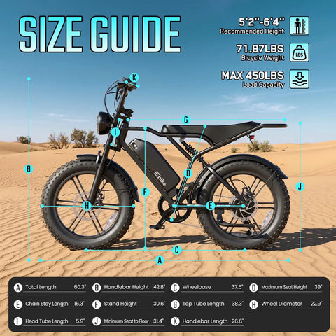 Size guide for Premium Rugged Fat Tire Electric Bike For Adults Featuring Built To Last 48V 25Ah Removable Battery Gutsy 1500W Peak Motor Gravel Ready Commuter E Bicycle.