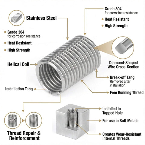 An illustration of M3 Thread Inserts 0.5mm Pitch 2D Length 304 Stainless Steel Helicoil Wire Inner Thread Inserts Metric Coiled Helical Screws Aircraft Grade Anti Loosening Design 80 Pieces showing features and uses.