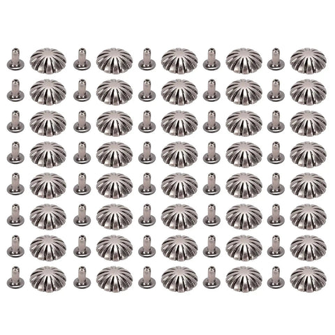 Durable Metal Rivet Stud Kit, 40 Piece Set, 12mm Round Flower Fasteners For Leather Craft And Clothing, Built To Last, Rust Resistant Hardware With Antique Silver Tone, Perfect For Jackets, Bags, Belts, And More. 40-piece antique silver metal studs on white background