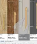 Champagne Bronze Destine Cabinet Pull 5-1/16 Inch Center-To-Center, 6-3/16 Inch Overall Length, shown on various wood finishes.