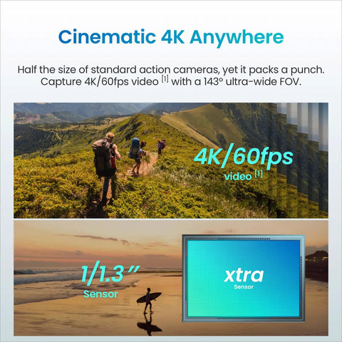 Wearable 4K Action Camera With Cap Mount with 1.3 inch sensor and 4K60fps video shown in scenic outdoor setting