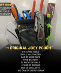 Clip On Tool Belt Pouch With Built In Light For Electricians, HVAC Pros, Plumbers, Carpenters, And Contractors holding tools.