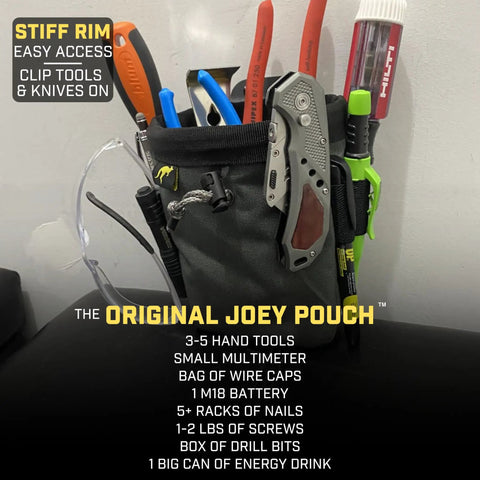 Clip On Tool Belt Pouch With Built In Light For Electricians, HVAC Pros, Plumbers, Carpenters, And Contractors holding tools.