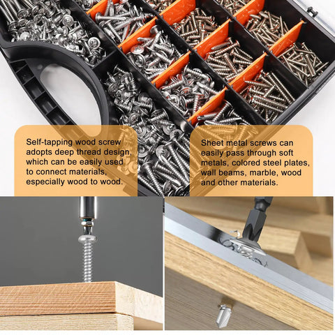 Self Tapping Screws Kit For Metal 1095 Piece Assortment In 410 Stainless Oxide Finish with truss and Phillips pan heads.