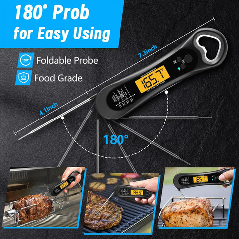 Instant Read Digital Meat Thermometer For Grill And Kitchen, Ultra Fast Three Second Temperature Read, Backlit LCD open probe