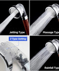 High Pressure Filter Shower Head With Hose Ionic Mineral Balls For Skin And Hair Health Alkaline Water Softens Hard Water Water Saving Handheld Shower With 3 Modes For A Spa Vibe At Home showing jetting, massage, rainfall spray modes.