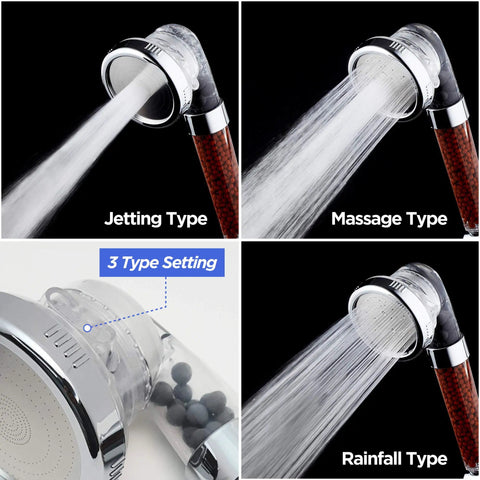 High Pressure Filter Shower Head With Hose Ionic Mineral Balls For Skin And Hair Health Alkaline Water Softens Hard Water Water Saving Handheld Shower With 3 Modes For A Spa Vibe At Home showing jetting, massage, rainfall spray modes.