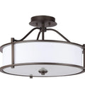 Three Light Drum Shade Semi Flush Mount Ceiling Light In Dark Bronze 18 Inch Close To Ceiling Fixture With Fabric Shade