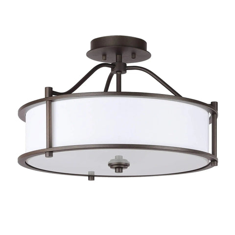 Three Light Drum Shade Semi Flush Mount Ceiling Light In Dark Bronze 18 Inch Close To Ceiling Fixture With Fabric Shade