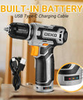 12V Cordless Drill Kit With LED Light, Handy DIY Power Drill For Wood And Plastic, shown with USB Type-C charging cable
