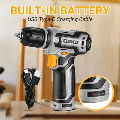 12V Cordless Drill Kit With LED Light, Handy DIY Power Drill For Wood And Plastic, shown with USB Type-C charging cable