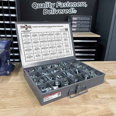 Grade 5 Serrated Hex Cap Flange Bolt And Nut Assortment Set 348 Pieces In Beefy Heavy Duty Zinc Clear Finish in compartment tray