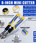 8-inch mini cutter with blue and yellow ergonomic handle, cutting capacity details for steel, iron, copper, and wire.