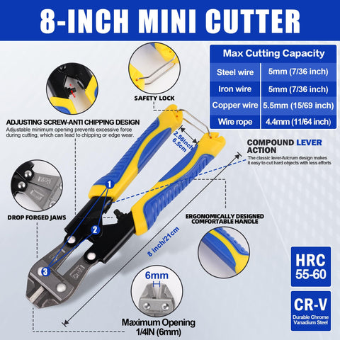 8-inch mini cutter with blue and yellow ergonomic handle, cutting capacity details for steel, iron, copper, and wire.