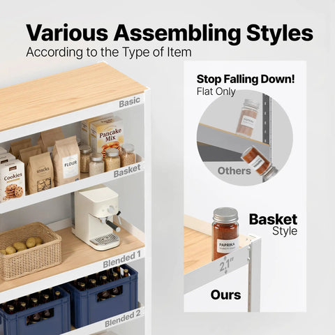 Five Tier 24 Inch Wide Laminated Metal Shelving Unit With Tool Free Boltless Assembly No Drill Needed Setup In Minutes Heavy Duty Multipurpose Storage Rack For Kitchen Garage Pantry Closet And Home Organization shown with shelf styles