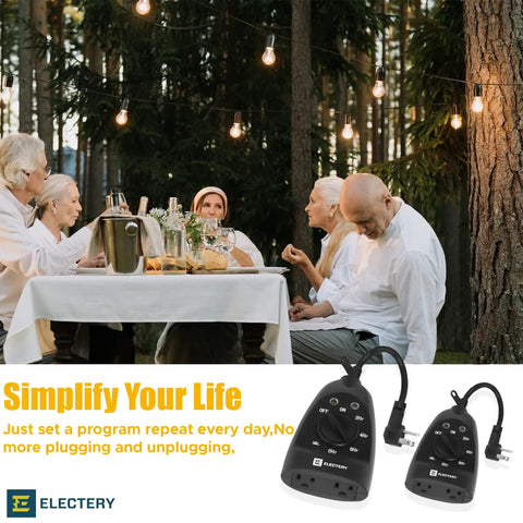 Heavy Duty Outer Timer Outlet Waterproof Plug In Dusk To Dawn Light Sensor 24 Hour Mechanical Countdown shown with outdoor dining.