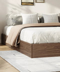 Rock Solid Wooden Queen Platform Bed Frame With Sleek Modern Lines And A Warm Natural Wood Finish Effortless Assembly in a cozy bedroom setting.