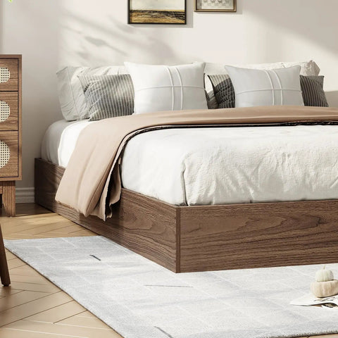 Rock Solid Wooden Queen Platform Bed Frame With Sleek Modern Lines And A Warm Natural Wood Finish Effortless Assembly in a cozy bedroom setting.