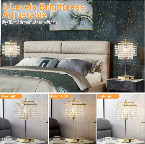 Crystal Touch Table Lamp With USB C And USB A Ports Dimmable Bedside Nightstand Light Gold Finish Crystal Shade Tap Control Bulb