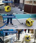 Heavy Duty 4 Pack Industrial Air Movers Kickin Out Massive 3000 Cfm Airflow For Zero Sweat Carpet Drying And Water Damage Cleanup fully stackable, shown in carpet cleaning and flood restoration.