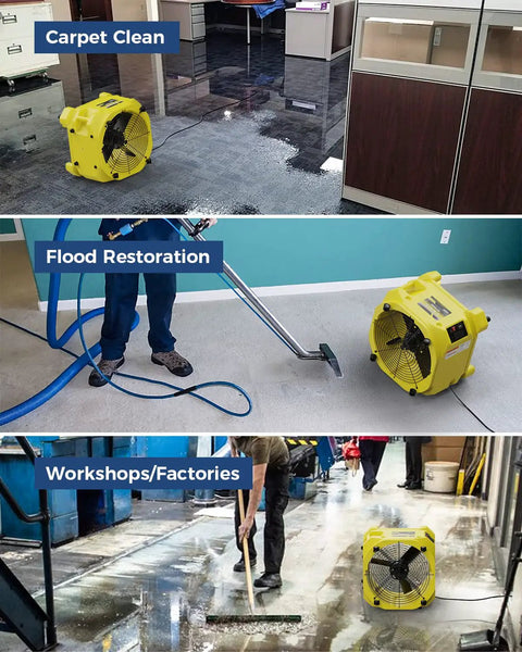 Heavy Duty 4 Pack Industrial Air Movers Kickin Out Massive 3000 Cfm Airflow For Zero Sweat Carpet Drying And Water Damage Cleanup fully stackable, shown in carpet cleaning and flood restoration.