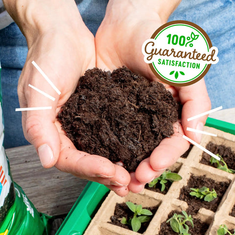 Hands holding soil from 3-In-1 Seed Starting Mix For Herbs, Veggies, And Flowers, 6 Quarts, 100 Percent Organic And USA Made