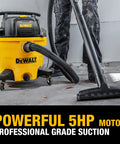 Heavy Duty 10 Gallon Wet Dry Shop Vacuum Featuring Straight Up Quiet Stealth Sonic Motor And Insane Suction Power For Garage Jobsite Workshop Cleanups Or Auto Detailing With All Attachments Included, shown in use with 5HP motor.