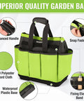 Durable Garden Tool Tote with Waterproof Plastic Base, Eight Pocket Oxford Caddy for Indoor and Outdoor Use shown with features