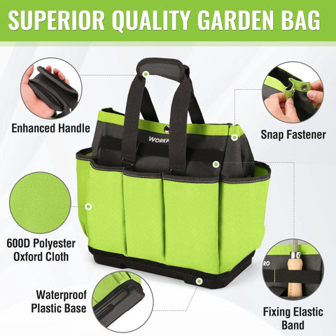 Durable Garden Tool Tote with Waterproof Plastic Base, Eight Pocket Oxford Caddy for Indoor and Outdoor Use shown with features
