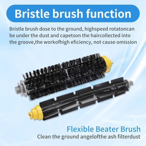 Replacement Parts Kit For Roomba 600 Series Vacuum Cleaner With Bristle Beater Brush Flexible Beater Brush Aero Vac Filter And Side Brush Fits 595 610 614 618 620 630 640 650 660 680 685 690 692 694 695, showing bristle and flexible beater brushes on blue background.