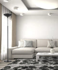 LED Floor Lamp Torchiere with touch dimming in modern living room, matte white finish, 3010 lumens, near a sofa and table.