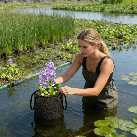 Person placing plants in a 4 Pack Aquarium Plant Baskets Mesh Water Planting Bags Foldable For Hydroponics And Pond Use in a pond.