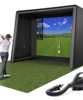 Inflatable Golf Simulator Enclosure 12 X 9 Ft For Indoor Outdoor Use with impact screen, man practicing swing, includes electric pump.
