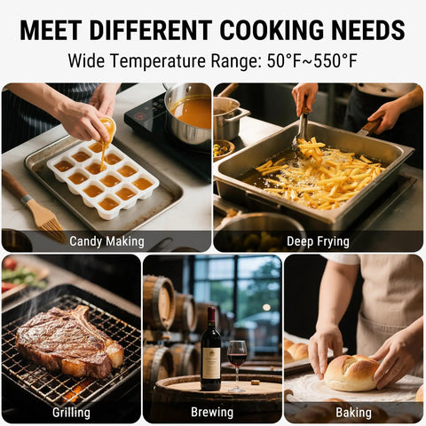 Candy Thermometer With Pot Clip, 9-Inch Long Probe, in use for cooking various foods, including candy, fries, steak, and bread.