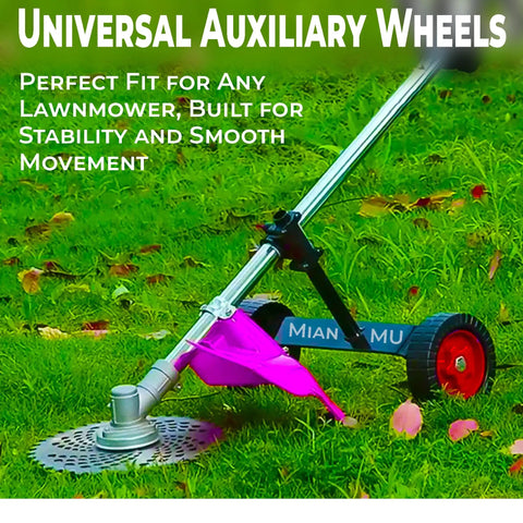 Universal String Trimmer Wheel Attachment Fits 26mm And 28mm Shafts Weed Eater Conversion Kit mounted on grass.